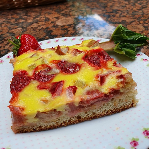 veganer Erdbeer-Rhabarber-Blechkuchen mit Guss - vegan und munter
